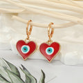 Gold Tone Enamel Heart and Triangle Evil Eye Huggie Drop Earrings view 7