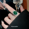 Silver Tone Green Oval Cabochon Open Ring With Clear Crystal Halo view 1