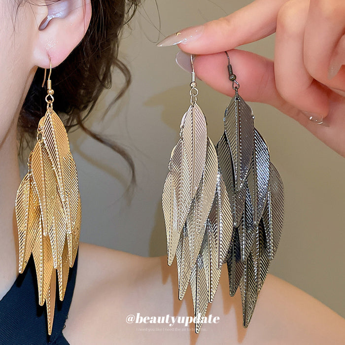 Layered Metal Leaf Tassel Hook Earrings in Three Tones