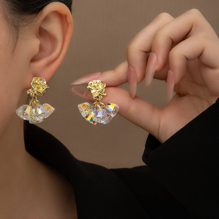 Gold Rose Crystal Look Cluster Dangle Stud Earrings