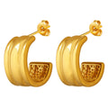 Gold Steel C-Shape Thick Ribbed Stud Hoop Earrings view 5