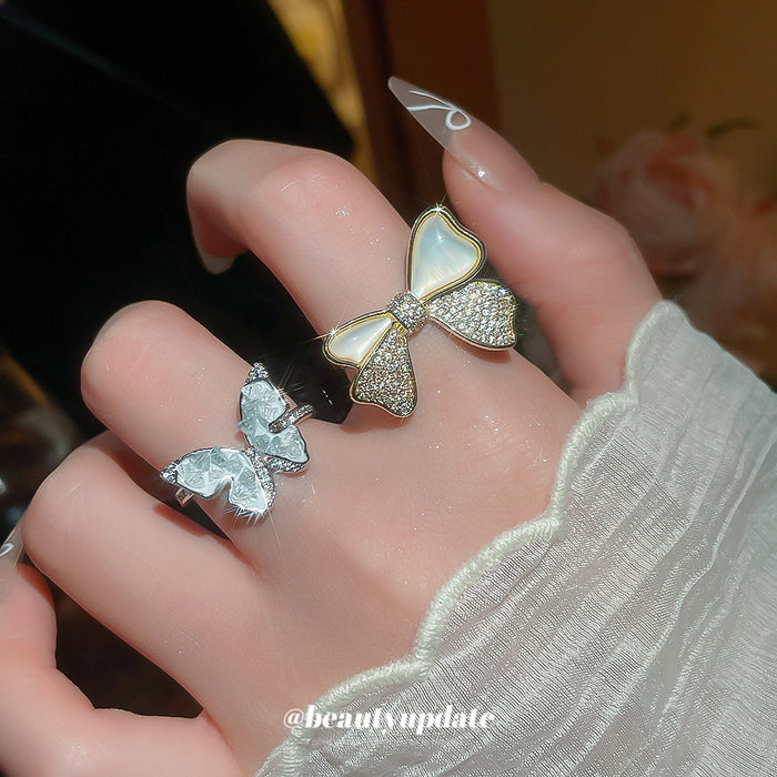 Gold Tone Zircon Mother Of Pearl Bow Open Ring Band