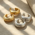 Multi Ridge C Hoop Earrings in Polished Gold and Silver Tone view 2