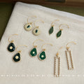 Gold Hook Enamel Avocado Leaf Pearl Frame Drop Earrings view 1