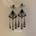 Antique Silver Floral Chandelier Earrings With Black Drops view 1