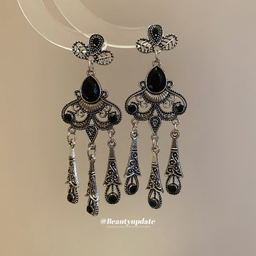 Antique Silver Floral Chandelier Earrings With Black Drops