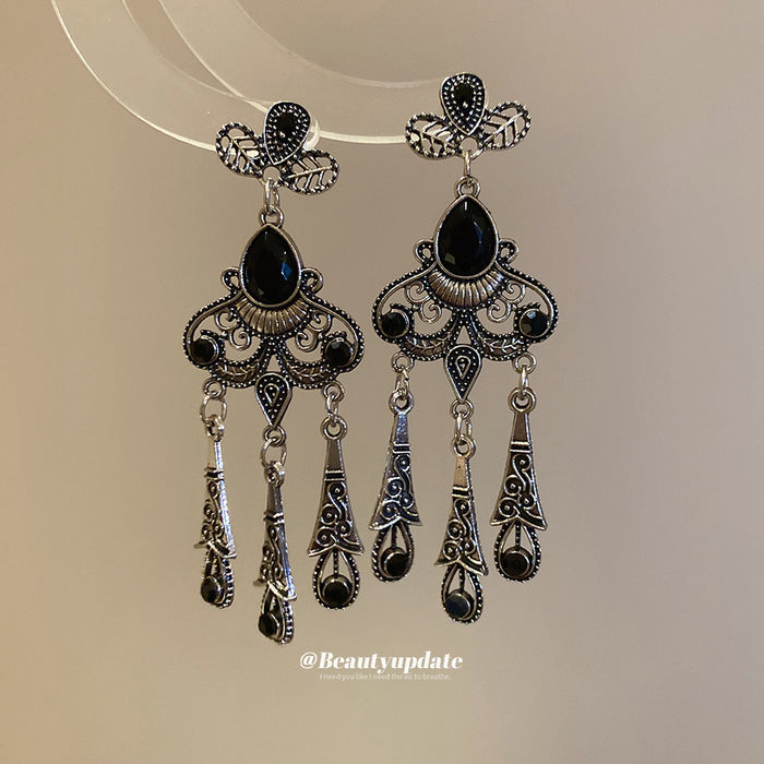 Antique Silver Floral Chandelier Earrings With Black Drops
