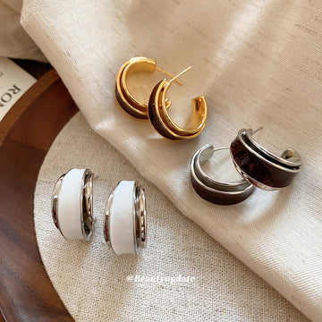 Two Tone Enamel Double Hoop Stud Earrings In Three Colors