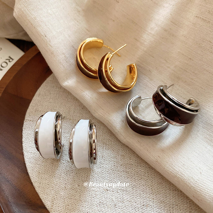 Two Tone Enamel Double Hoop Stud Earrings In Three Colors
