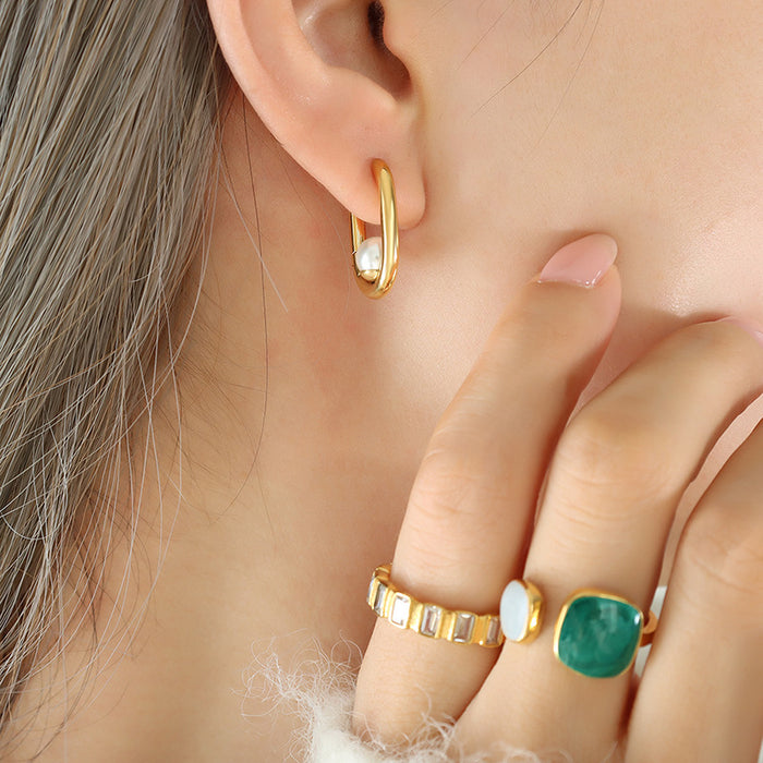 U-Shaped Hoop Earrings With Pearl Agate Tiger Eye Beads