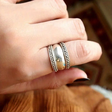 Hammered Rope-Edge Wide Band Rings In Three Metal Tones