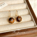 Gold Beaded Bezel Round Tiger Eye Fishhook Earrings view 3