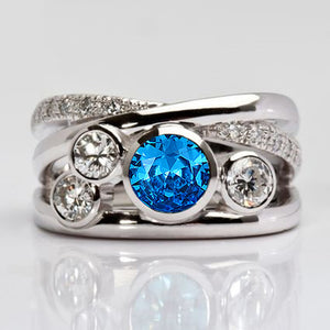 Silver Multi Band Blue Round Stone Cross CZ Ring 6-10