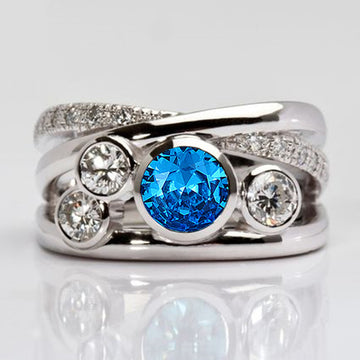 Silver Multi Band Blue Round Stone Cross CZ Ring 6-10