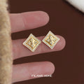 Gold Tone Clear Stone Square Frame Engraved Floral Stud Earrings view 1