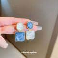 Hammered Geometric Drop Earrings in Blue Pink and Green view 1