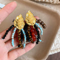 Gold Leaf Multicolor Beaded Tassel Stud Earrings Statement Jewelry view 6