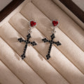 Black Cross and Red Heart Halo Long Dangle Earrings view 4