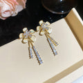 Gold Tone White Flower Crystal Tassel Stud Earrings Three Styles view 6