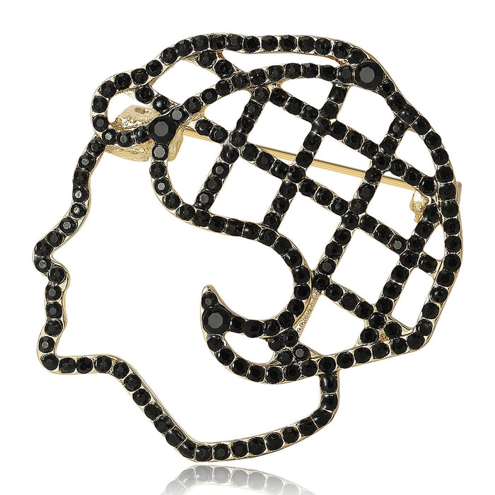 Black Crystal Brain Outline Brooch with Gold Tone Backing