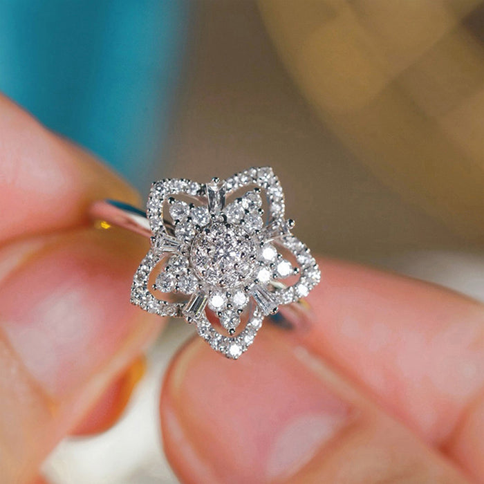 Silver Five Petal Star Flower Pavé Clear Center Ring