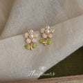 Crystal Pave Flower Stud Earrings Pearl Center Leaf Drop view 4