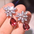 Silver Tone Clear Flower Red Teardrop CZ Drop Earrings view 2