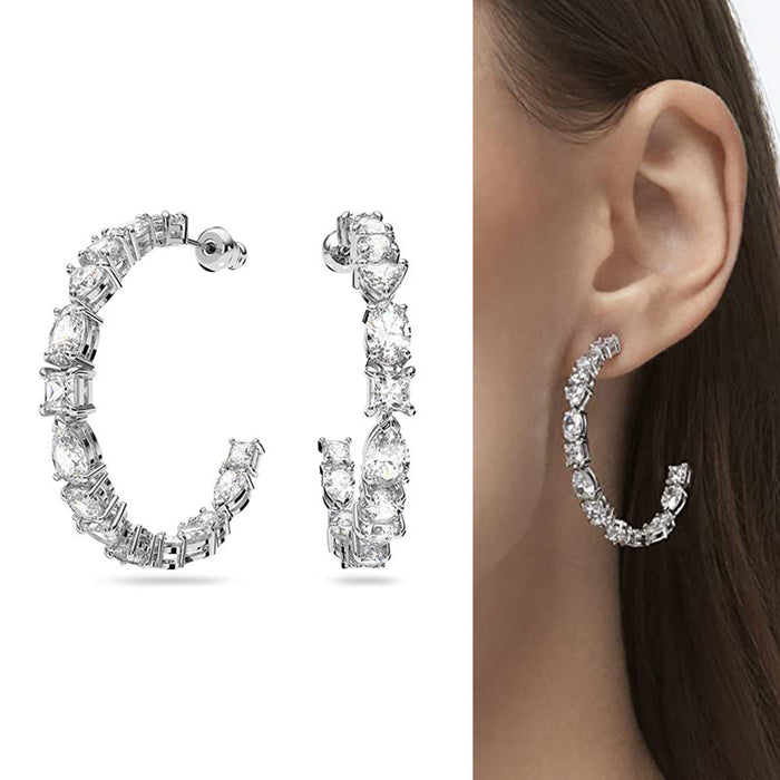Silver Tone Multi Cut Clear Stone Open C Hoop Earrings Pair