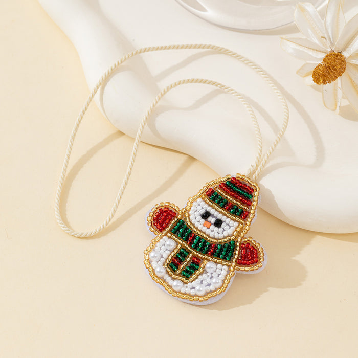 Beaded Snowman Charm Pendant with Pearl Accents and Cream Cord