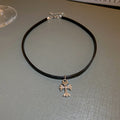 Black Leather Cord Cross Pendant Choker Necklace Single Style view 6