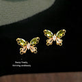 Gold Tone Olive Green And Pink Stone Butterfly Stud Earrings view 3