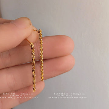 Gold Twisted Rope Bar Long Vertical Dangle Stud Earrings