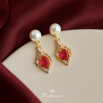 Gold Pearl Stud Earrings Red Crystal Ornate Frame Drops