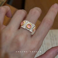 Silver And Gold Tone Leaf Texture Pink Cat Eye Stone Open Ring view 4