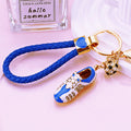 Jeweled Soccer Boot and Ball Keychain with a Blue Braided Loop view 1