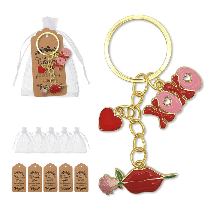 Gold XOXO Heart Rose Enamel Charm Split Ring Keychain