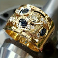Wide Openwork Band Ring Blue Yellow Stones Gold Silver Tone view 1