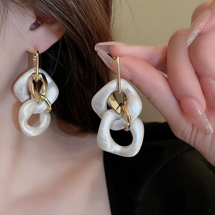 Gold Tone Link and Rounded Square Drop Stud Earrings