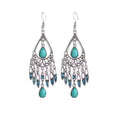 Blue Teardrop Chandelier Hook Earrings with Silver Tone Filigree view 5