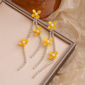 Yellow Flower Clear Stone Long Chain Tassel Stud Earrings view 3