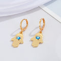 Gold Tone Hamsa Evil Eye Huggie Drop Earrings with Enamel Detail view 4