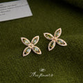 Gold Tone Olive Green Four-Petal Flower Zircon Stud Earrings view 3
