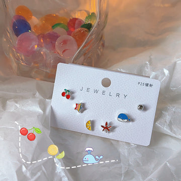 Six Piece Mini Enamel Cartoon Stud Set Cherry Whale Lemon