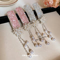 Pink Or White Crystal Chip Flower Hair Clip With Pearl Like Tassels view 2