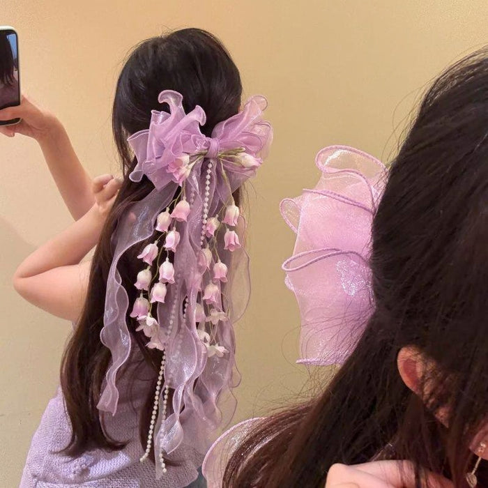 Lily of the Valley Organza Bow Duckbill Hair Clips Two Colors