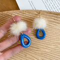 White Pom Pom And Blue Open Teardrop Hook Earrings view 6