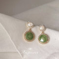 Green Round Cabochon Drop Earrings Pearl Crystal Halo view 1