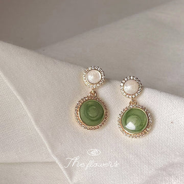 Green Round Cabochon Pearl Drop Earrings with Crystal Halo