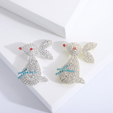 Crystal Rabbit Brooch With Red Eyes and Blue Ribbon