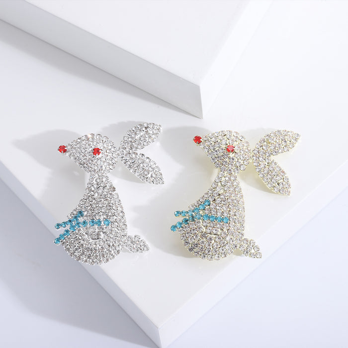 Crystal Rabbit Brooch With Red Eyes and Blue Ribbon